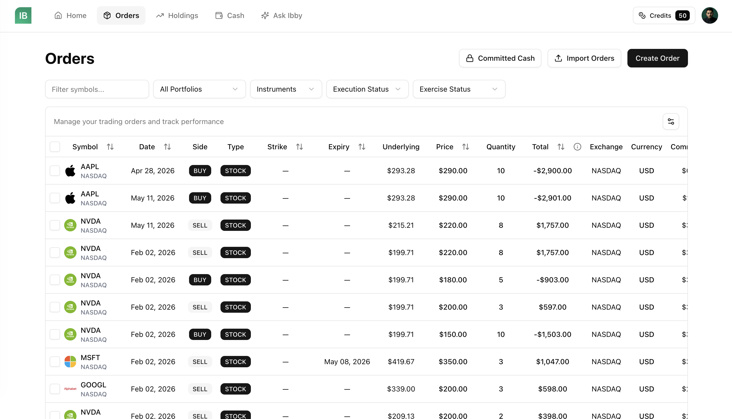 Trades list with filters